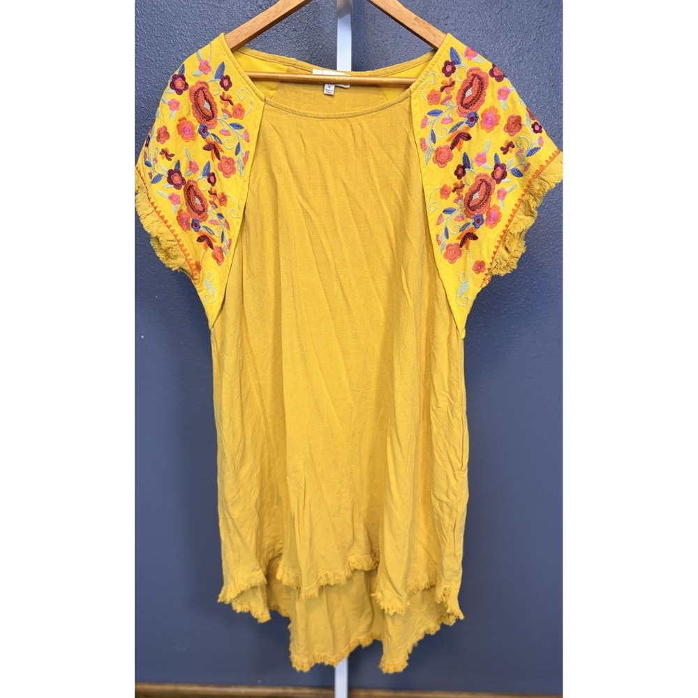 Umgee Mustard Yellow Pocket Hi-Low Size XL Dress Linen Blend With Boho Fringe